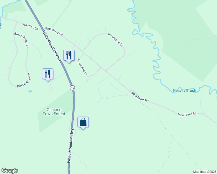 map of restaurants, bars, coffee shops, grocery stores, and more near 2 Barrington Circle in Ossipee