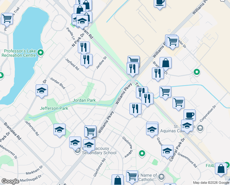 map of restaurants, bars, coffee shops, grocery stores, and more near 80 Jill Crescent in Brampton