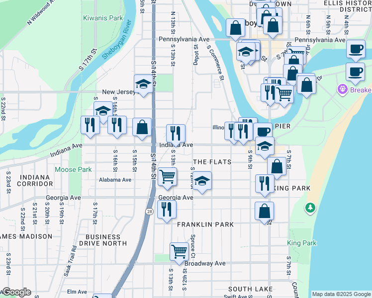 map of restaurants, bars, coffee shops, grocery stores, and more near 1211 Indiana Avenue in Sheboygan