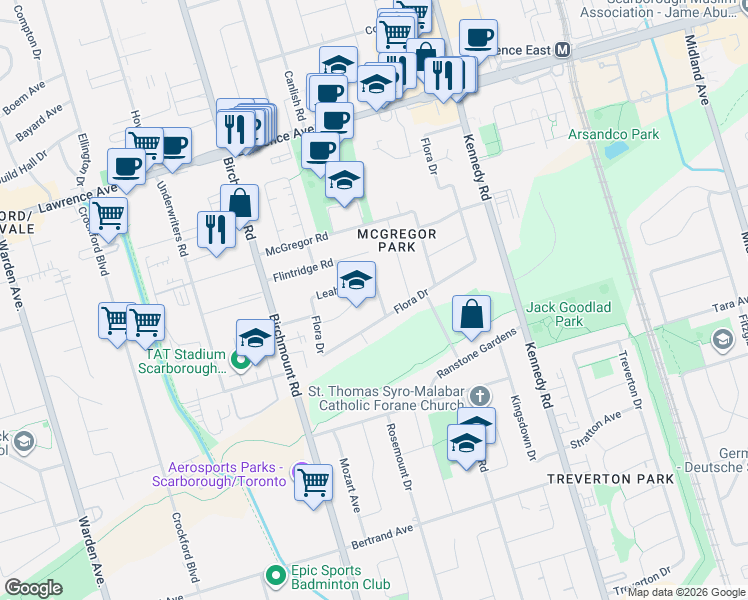 map of restaurants, bars, coffee shops, grocery stores, and more near 57 Leahann Drive in Toronto
