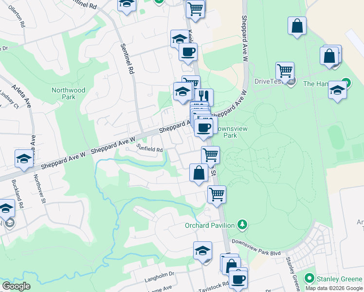 map of restaurants, bars, coffee shops, grocery stores, and more near 11 Norman Wesley Way in Toronto