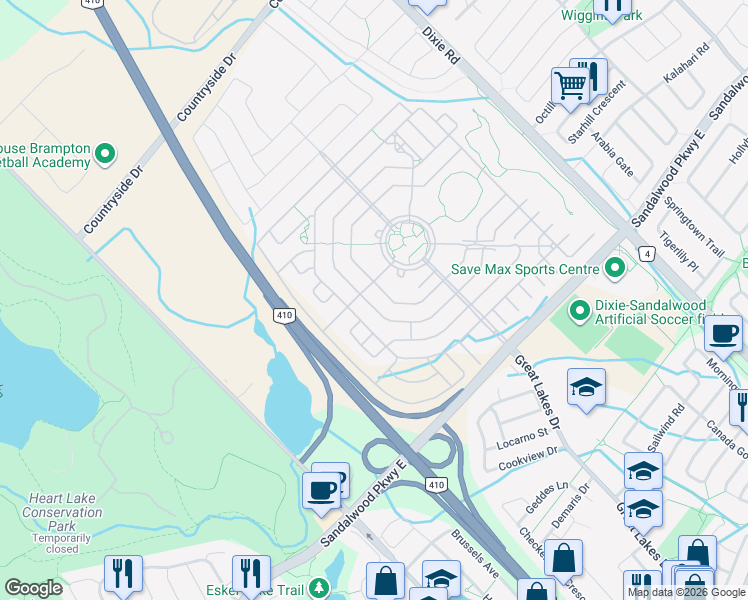 map of restaurants, bars, coffee shops, grocery stores, and more near 49 Amarillo Road in Brampton