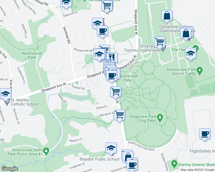 map of restaurants, bars, coffee shops, grocery stores, and more near in Toronto