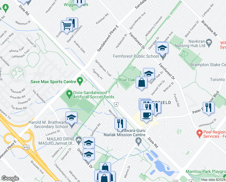 map of restaurants, bars, coffee shops, grocery stores, and more near 73 Chipmunk Crescent in Brampton