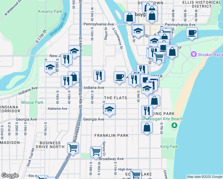map of restaurants, bars, coffee shops, grocery stores, and more near 1111 Indiana Avenue in Sheboygan
