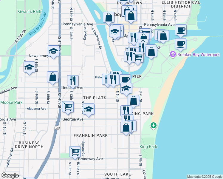 map of restaurants, bars, coffee shops, grocery stores, and more near 919 Indiana Avenue in Sheboygan