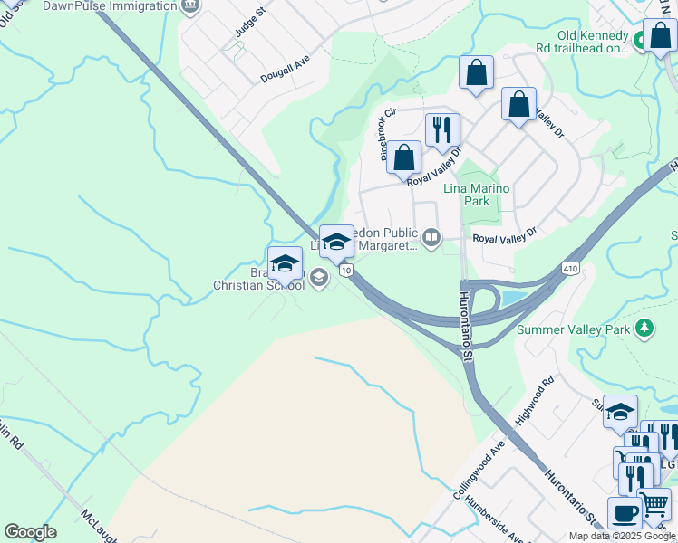 map of restaurants, bars, coffee shops, grocery stores, and more near 20166 Hutchinson Farm Ln in Caledon