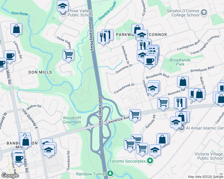 map of restaurants, bars, coffee shops, grocery stores, and more near 72 Cornerbrook Drive in Toronto