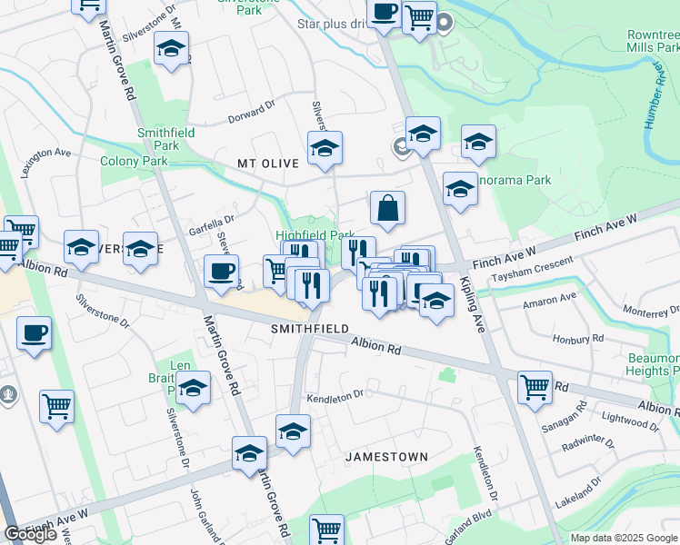 map of restaurants, bars, coffee shops, grocery stores, and more near 5912 Finch Avenue West in Toronto
