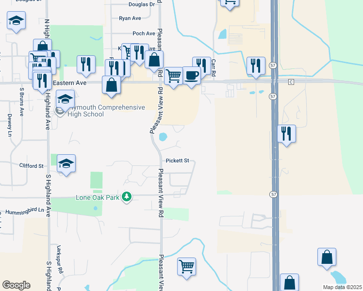map of restaurants, bars, coffee shops, grocery stores, and more near 357 Pleasant View Road in Plymouth