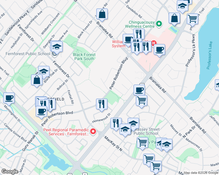 map of restaurants, bars, coffee shops, grocery stores, and more near 1 Cluster Oak Place in Brampton