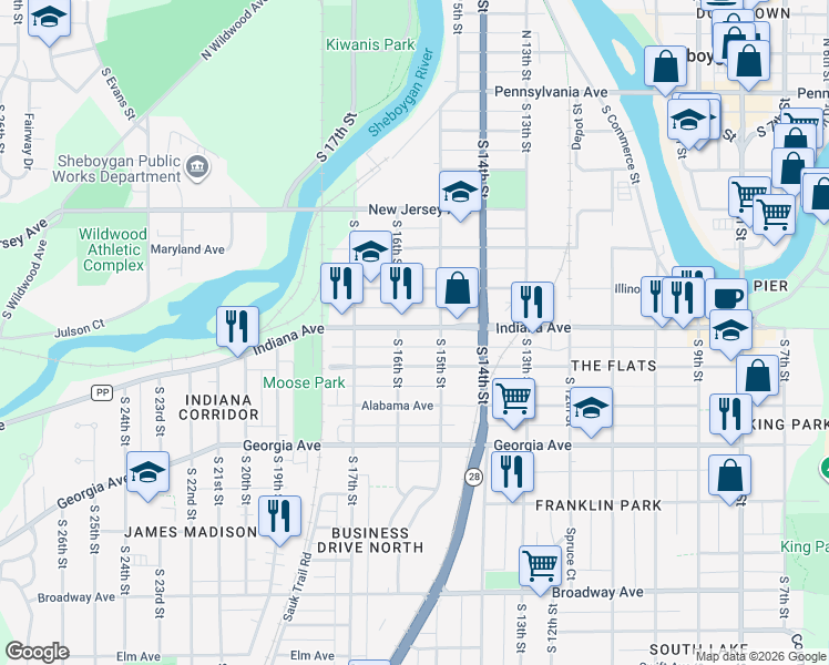 map of restaurants, bars, coffee shops, grocery stores, and more near 1531 Indiana Avenue in Sheboygan