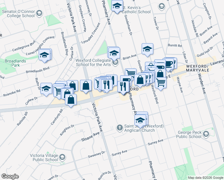 map of restaurants, bars, coffee shops, grocery stores, and more near in Toronto