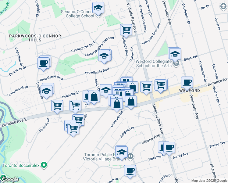 map of restaurants, bars, coffee shops, grocery stores, and more near in Toronto