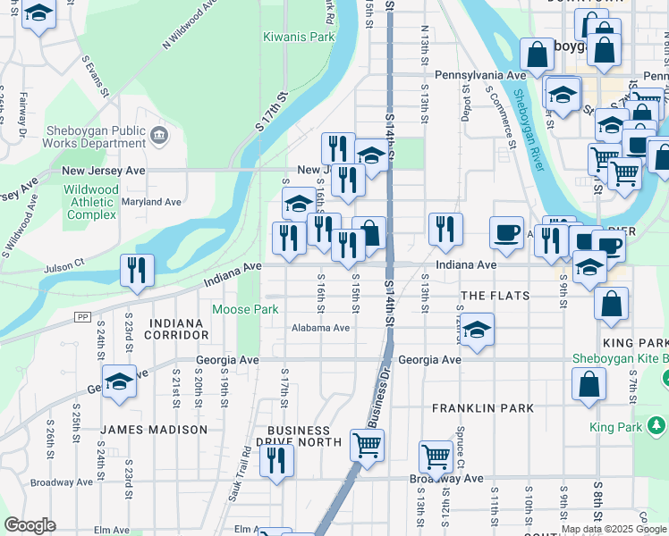 map of restaurants, bars, coffee shops, grocery stores, and more near 1531 Indiana Avenue in Sheboygan