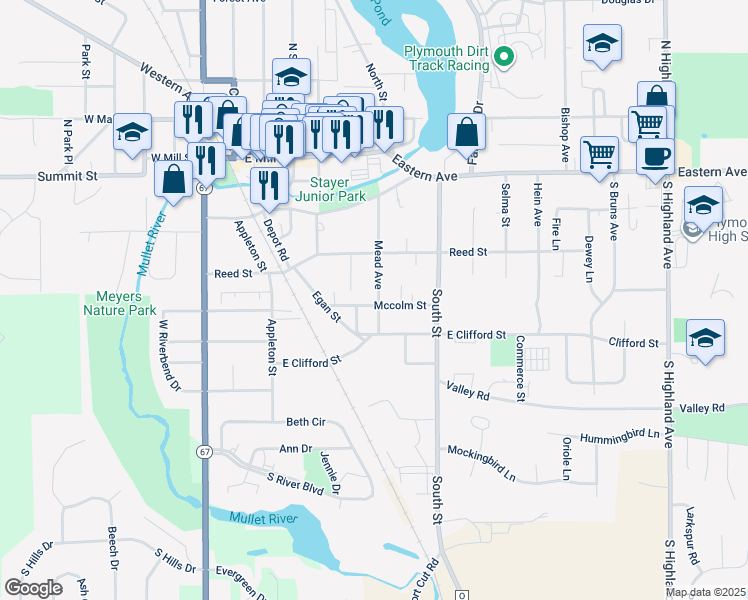 map of restaurants, bars, coffee shops, grocery stores, and more near 253 Mead Avenue in Plymouth