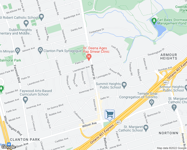 map of restaurants, bars, coffee shops, grocery stores, and more near 3890 Bathurst Street in Toronto