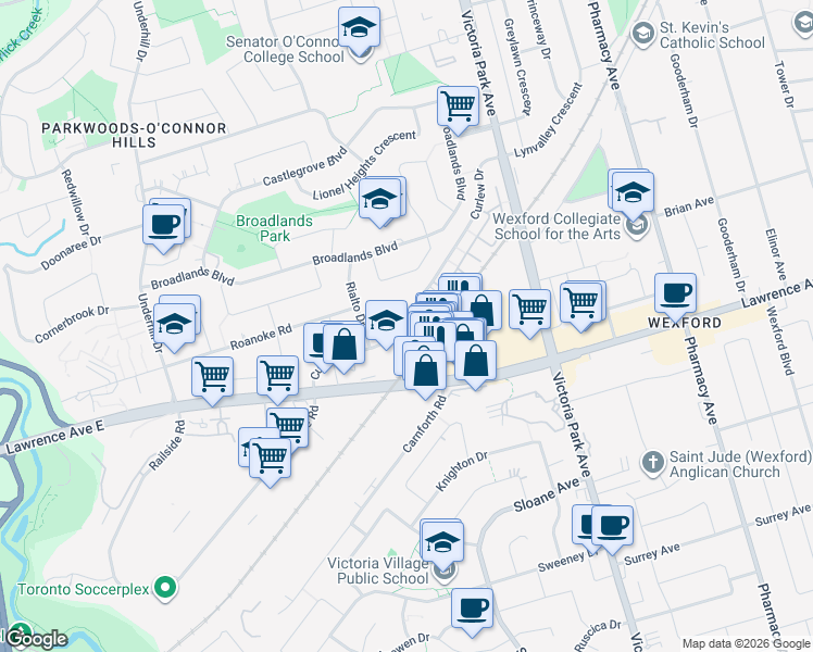 map of restaurants, bars, coffee shops, grocery stores, and more near 71 Curlew Drive in Toronto