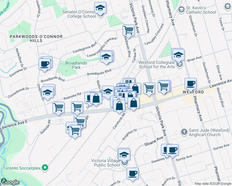 map of restaurants, bars, coffee shops, grocery stores, and more near in Toronto