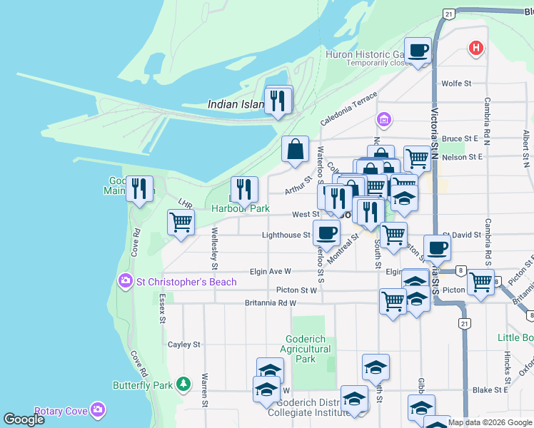 map of restaurants, bars, coffee shops, grocery stores, and more near 161 West Street in Goderich