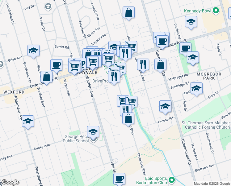 map of restaurants, bars, coffee shops, grocery stores, and more near in Toronto