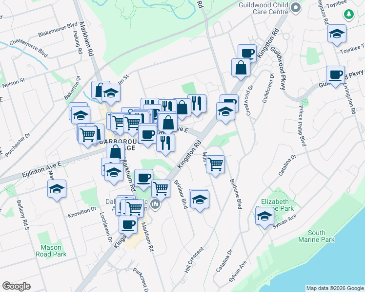 map of restaurants, bars, coffee shops, grocery stores, and more near 3660 Kingston Road in Toronto