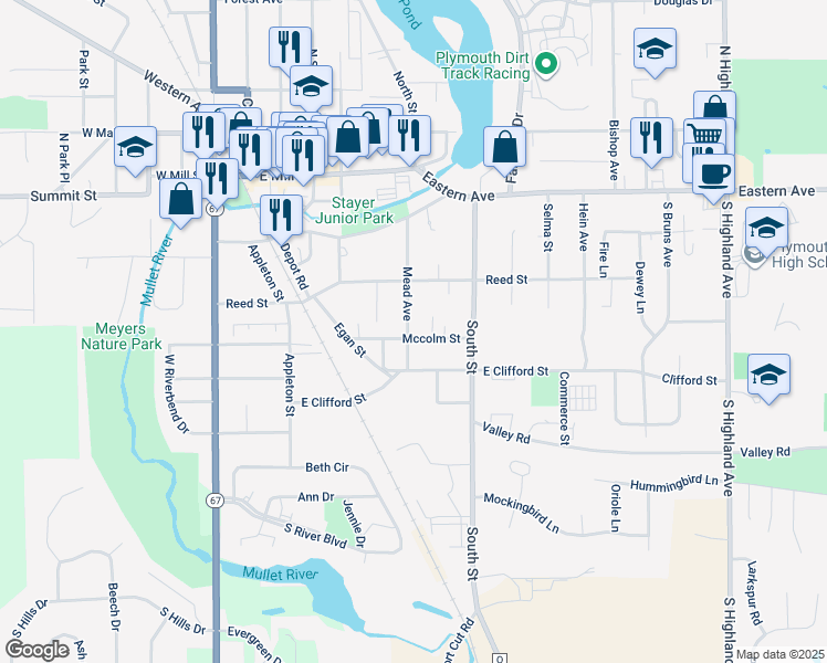 map of restaurants, bars, coffee shops, grocery stores, and more near 253 Mead Avenue in Plymouth