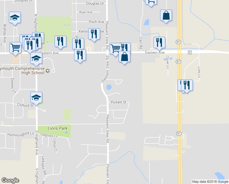 map of restaurants, bars, coffee shops, grocery stores, and more near 345 Pleasant View Road in Plymouth