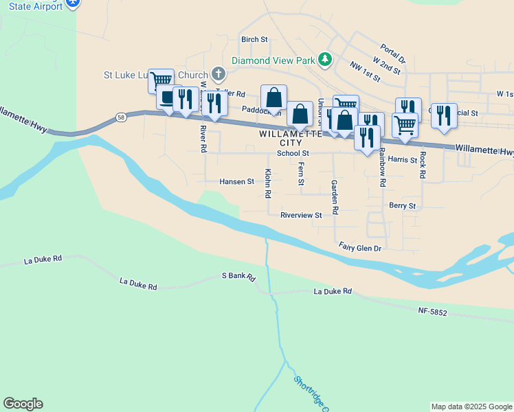 map of restaurants, bars, coffee shops, grocery stores, and more near 47539 Perkins Street in Oakridge