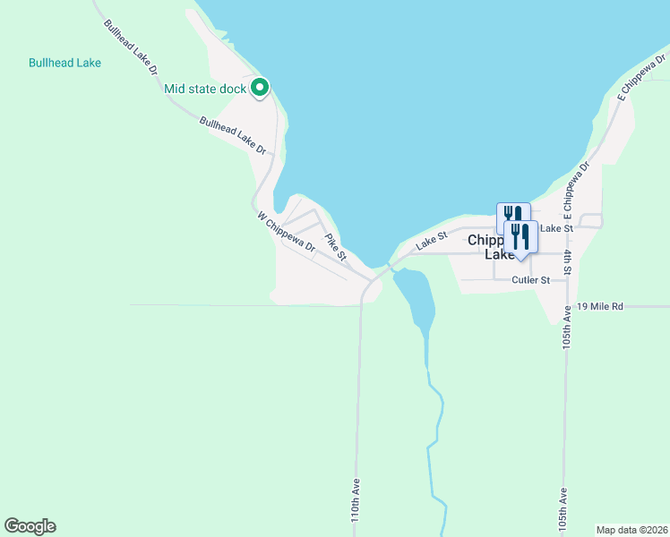 map of restaurants, bars, coffee shops, grocery stores, and more near 19095 West Chippewa Drive in Rodney