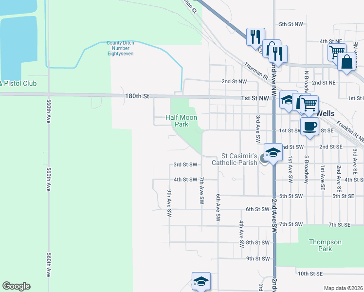 map of restaurants, bars, coffee shops, grocery stores, and more near 801 2nd Street Southwest in Wells