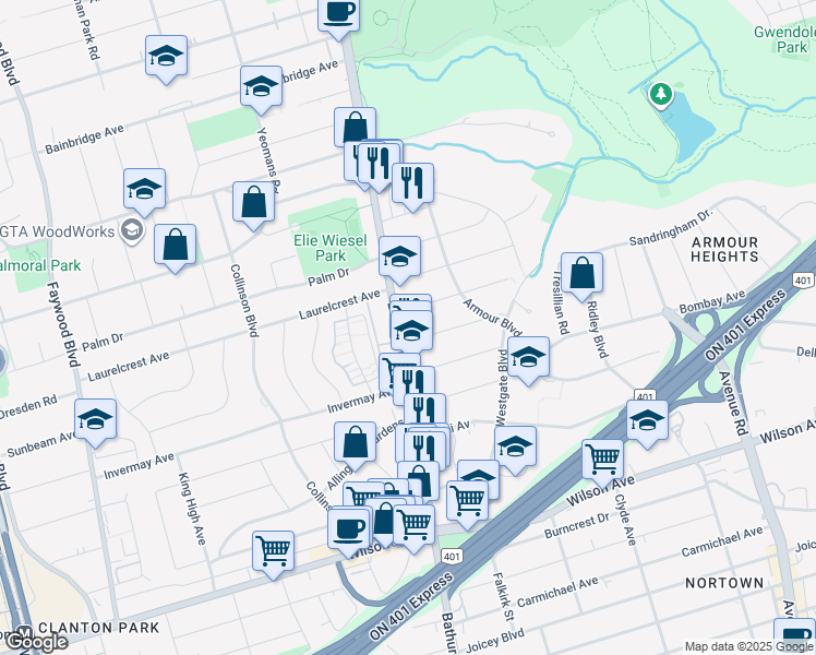 map of restaurants, bars, coffee shops, grocery stores, and more near 3905 Bathurst Street in Toronto