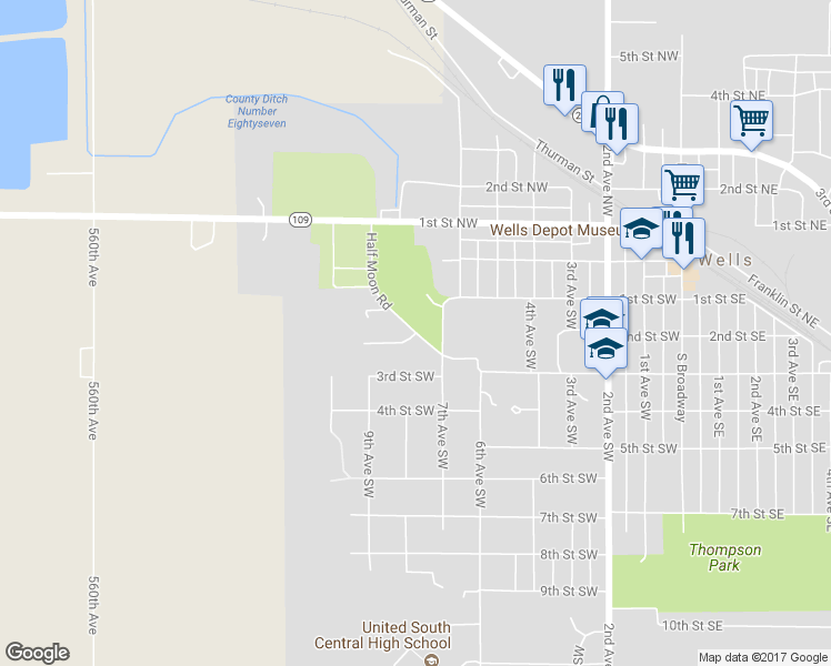 map of restaurants, bars, coffee shops, grocery stores, and more near 801 2nd Street Southwest in Wells