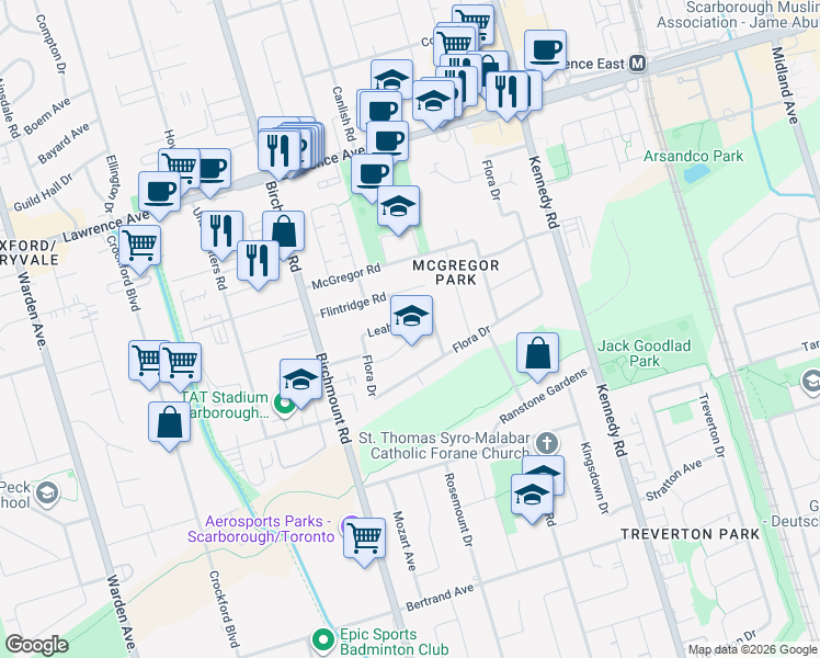 map of restaurants, bars, coffee shops, grocery stores, and more near 29 Leahann Drive in Toronto