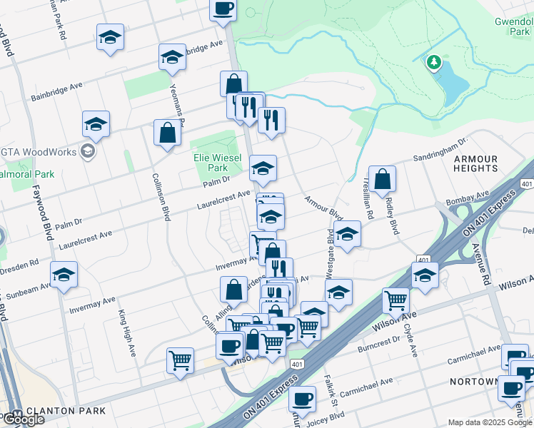 map of restaurants, bars, coffee shops, grocery stores, and more near in Toronto