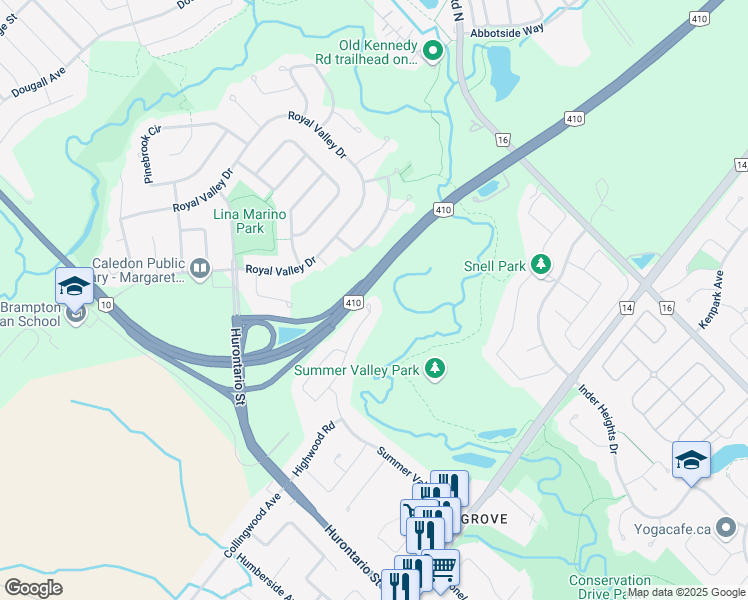 map of restaurants, bars, coffee shops, grocery stores, and more near 5 Lightheart Drive in Caledon