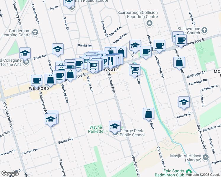 map of restaurants, bars, coffee shops, grocery stores, and more near 1110 Warden Avenue in Toronto