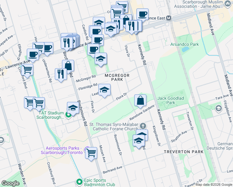 map of restaurants, bars, coffee shops, grocery stores, and more near 8 Balaclava Drive in Toronto
