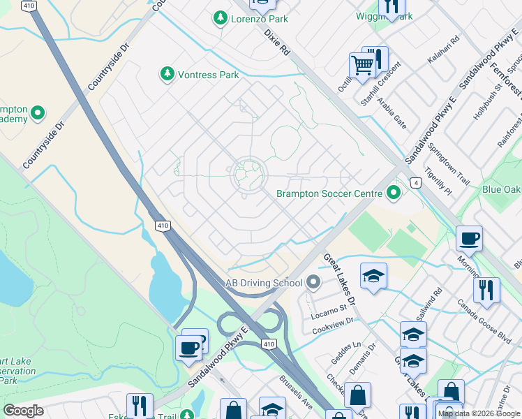 map of restaurants, bars, coffee shops, grocery stores, and more near 11 Alamode Road in Brampton