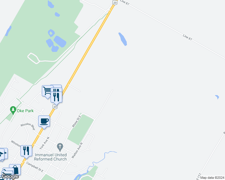 map of restaurants, bars, coffee shops, grocery stores, and more near 1052 Walton Avenue North in Listowel
