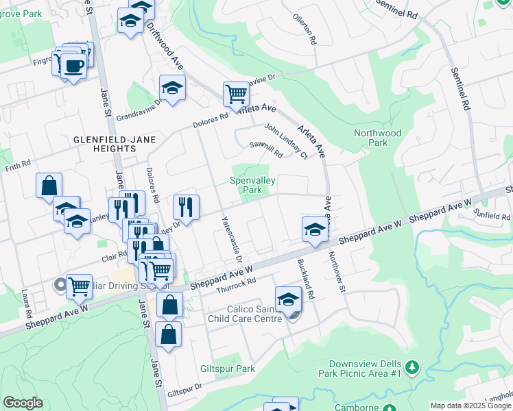 map of restaurants, bars, coffee shops, grocery stores, and more near 131 Spenvalley Drive in Toronto