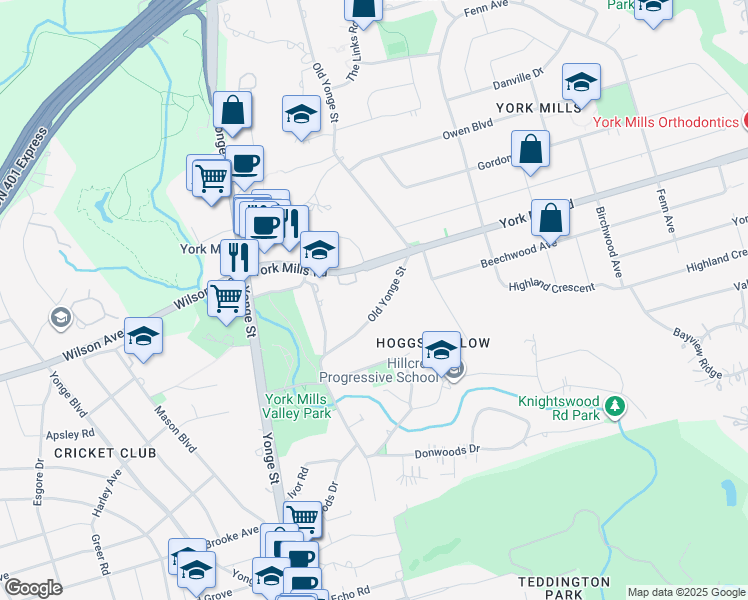 map of restaurants, bars, coffee shops, grocery stores, and more near 36 Old Yonge Street in Toronto