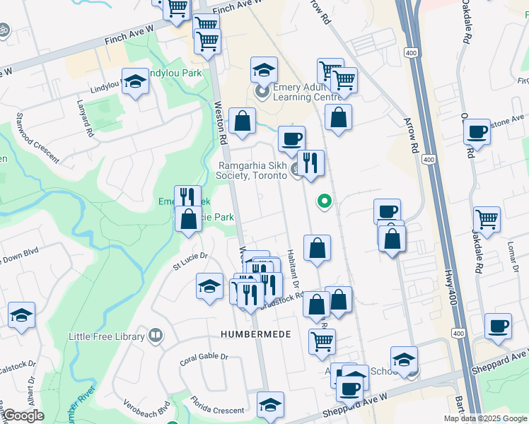 map of restaurants, bars, coffee shops, grocery stores, and more near in Toronto