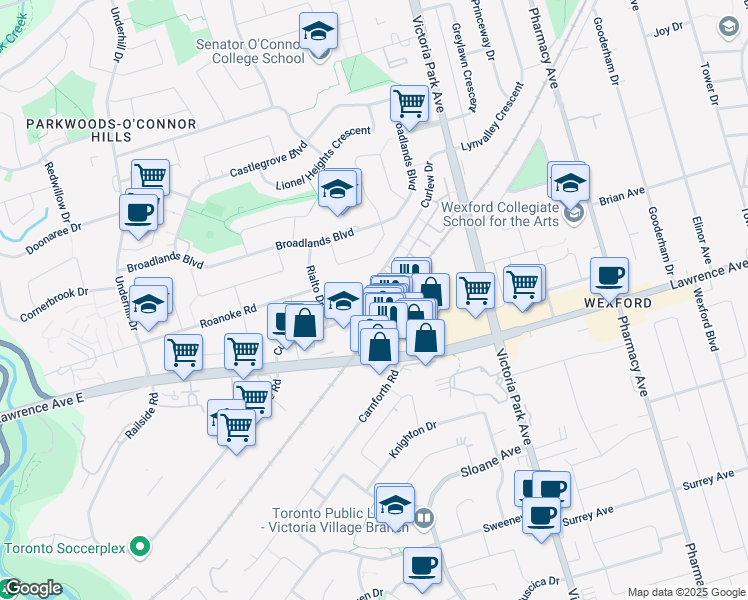 map of restaurants, bars, coffee shops, grocery stores, and more near in Toronto