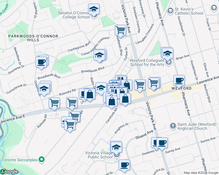 map of restaurants, bars, coffee shops, grocery stores, and more near 69 Curlew Drive in Toronto