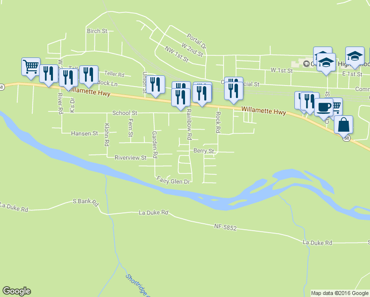 map of restaurants, bars, coffee shops, grocery stores, and more near 47734 Christel Lane in Oakridge