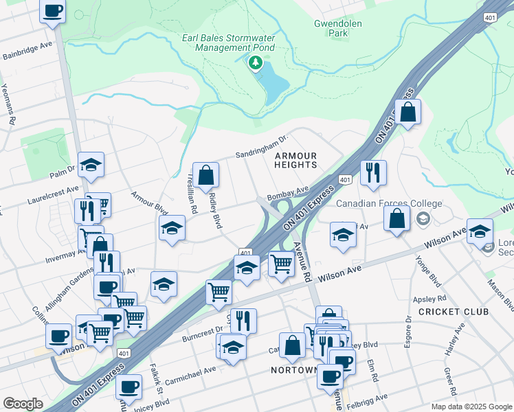 map of restaurants, bars, coffee shops, grocery stores, and more near 89 Bombay Avenue in Toronto