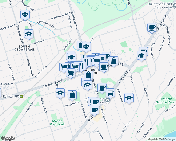 map of restaurants, bars, coffee shops, grocery stores, and more near 3192 Eglinton Avenue East in Scarborough