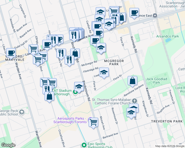 map of restaurants, bars, coffee shops, grocery stores, and more near in Toronto