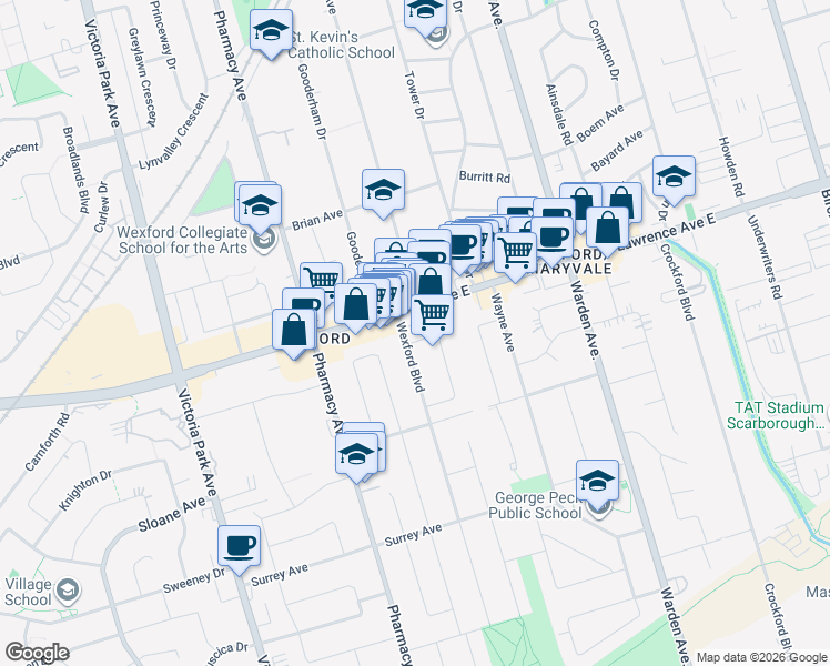 map of restaurants, bars, coffee shops, grocery stores, and more near 51 Laxford Avenue in Toronto